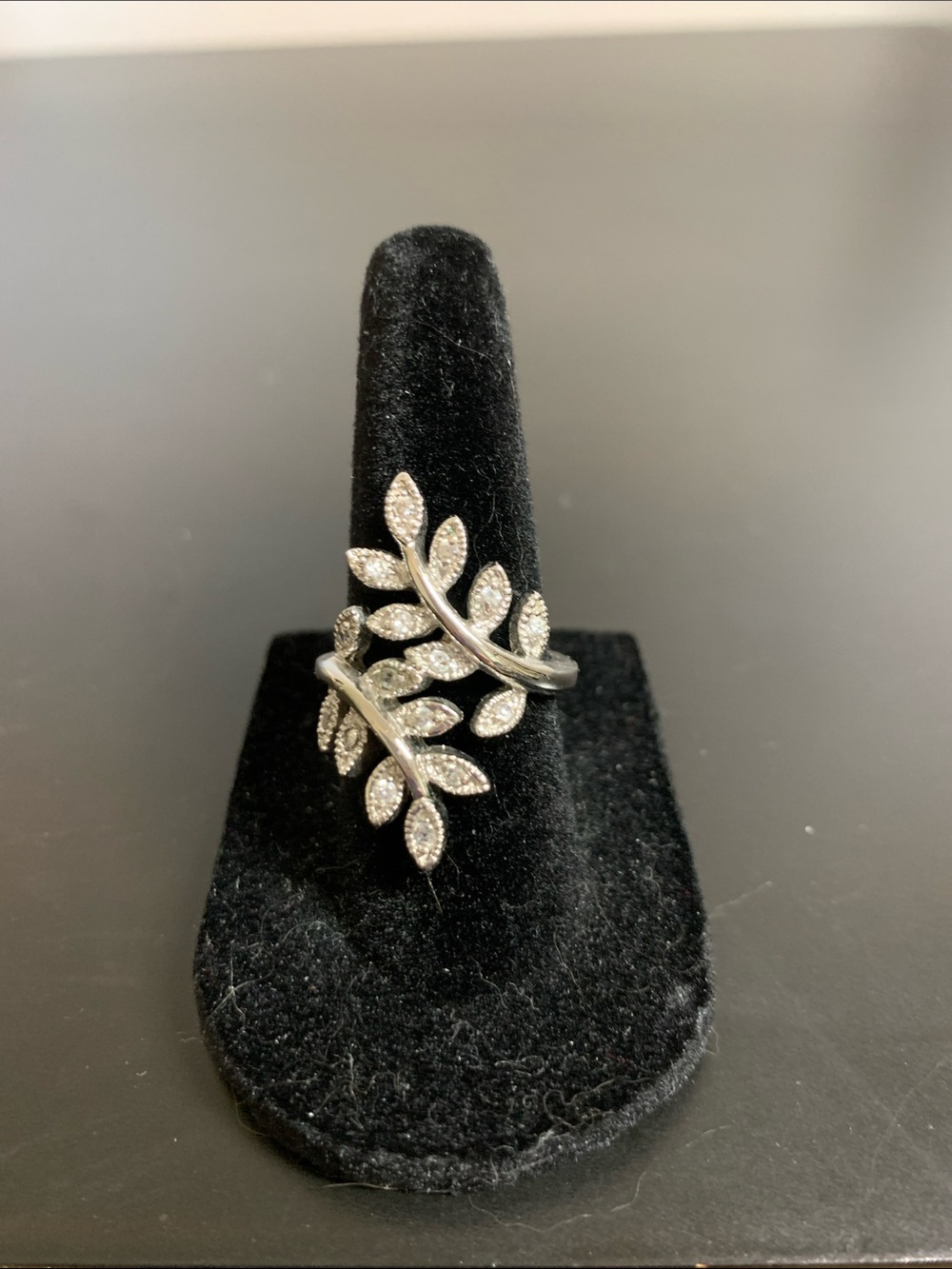 Silver Botanical Leaf Wrap Ring with Clear Stones